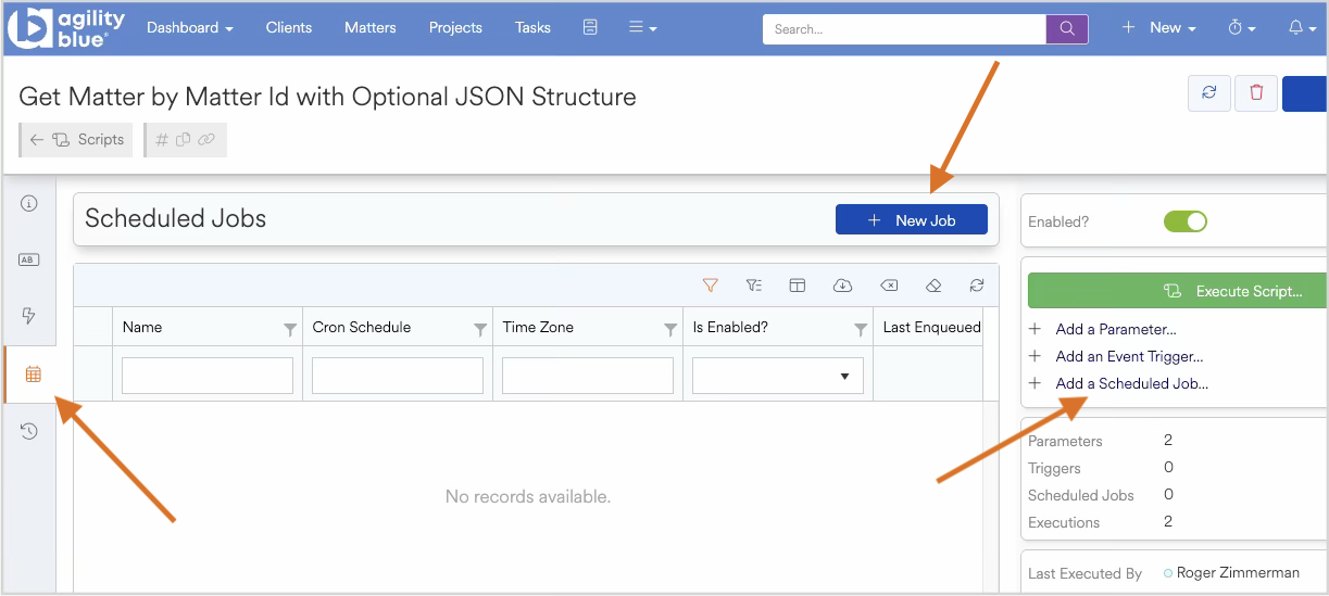 Interface for scheduling jobs with options to add new jobs and parameters.
